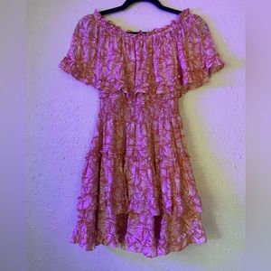 Pinkish Orange floral dress with off-the-shoulder sleeves and ruffles